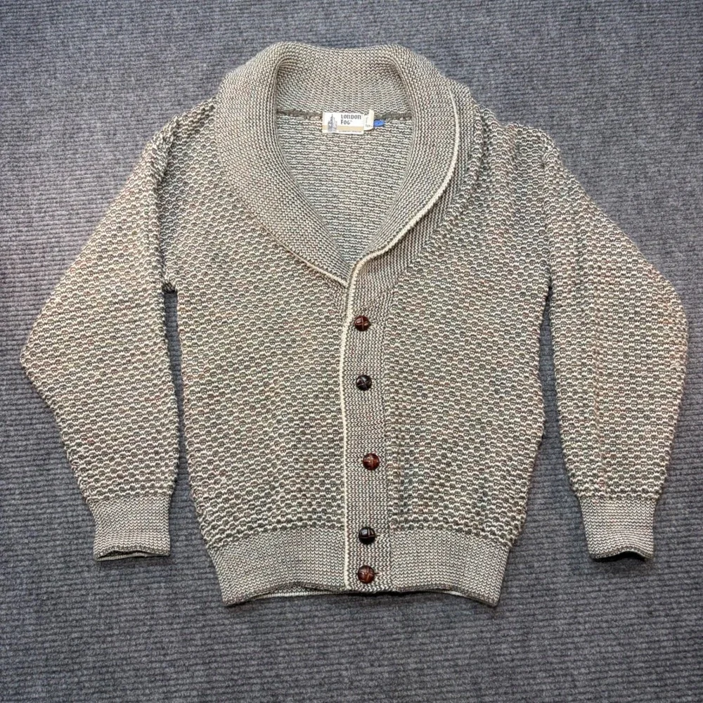 London Fog Vintage Men Medium Shawl Collar Cardigan Sweater Marled Knit USA Made